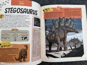Ett uppslag från boken, med text och en bild på en stegosaurus