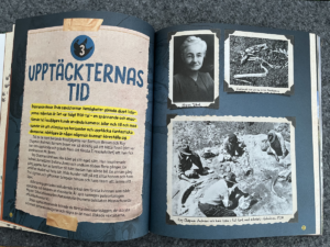 ett uppslag från boken, där det står "upptäckternas tid" och vi ser några mindre bilder från utgrävningar